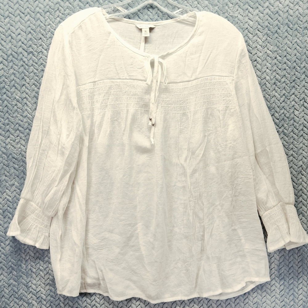 Est. 1946 White Smocked Peasant Blouse XL Gauze Tie Neck 3/4 Sleeve Top